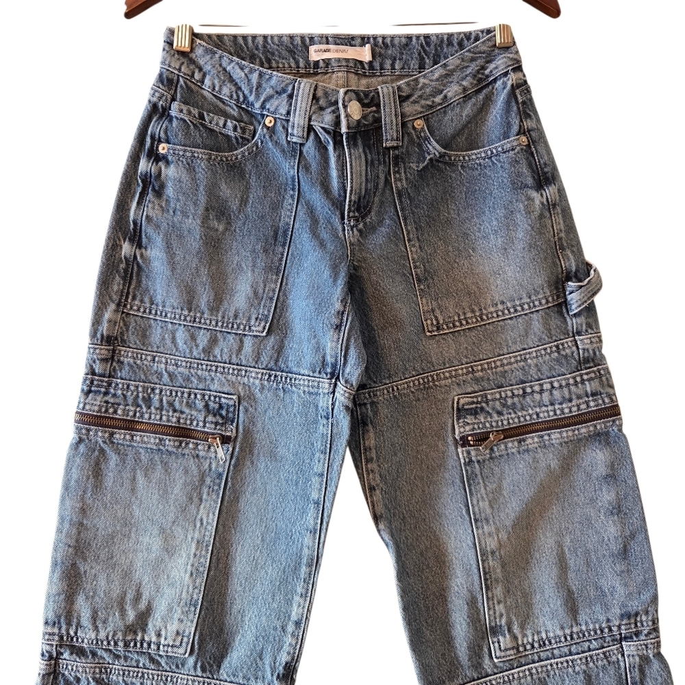 Garage Women's Jeans Size 24 Blue Cotton Denim Cargo Pants Wide Leg Y2K - Picture 5 of 14